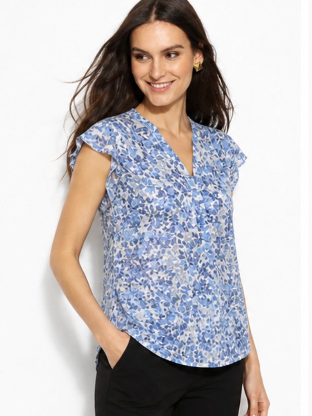 ⭐Chause New York, Floral Print Flutter Sleeve Blouse